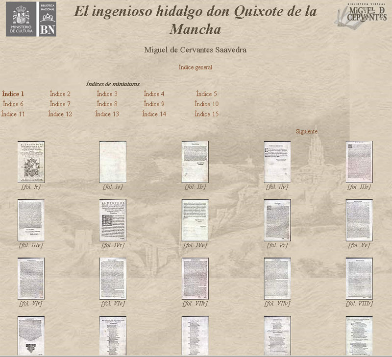 Índice de miniaturas de la edición facsímil del Quijote